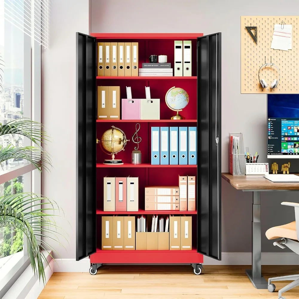 Gabinete de almacenamiento de metal con ruedas, gabinete de almacenamiento alto para garaje con 4 estantes ajustables y 2 puertas, gabinete de herramientas bloqueable para