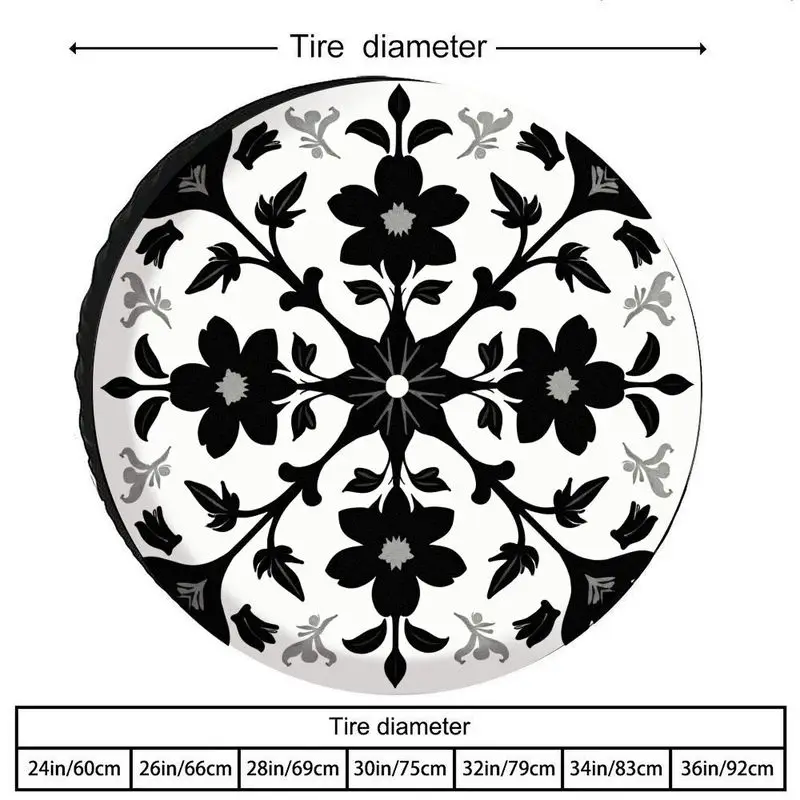 Classic Black And White Artistic Floral Polyester Tire Cover - A Vintage Baroque Style Symmetrical Pattern For Universal Car Spa
