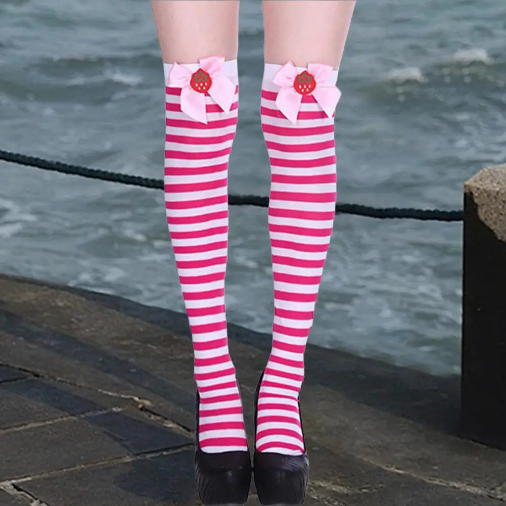 Knee-high Socks Colorful Christmas Stockings with Retro Striped Design Bow Decor for Cosplay Performances Holiday for Dress