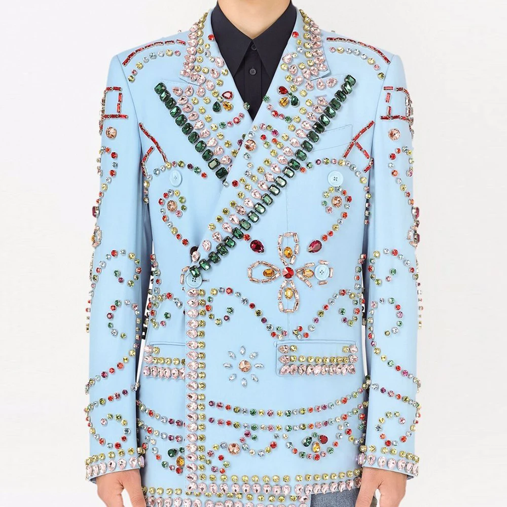 

Роскошные мужские костюмы со стразами и бисером, комплект из 2-х предметов, двубортный пиджак, брюки, индивидуальный мужской банкетный смокинг, terno masculino