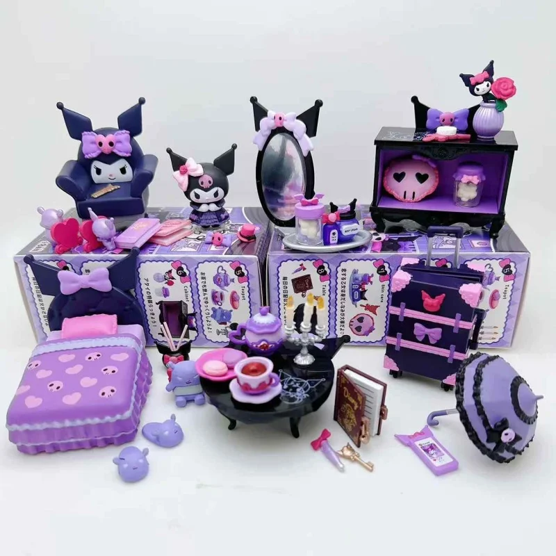 Re-ment 8Pcs/set Sanrio Kuromi Gothic Room Purple Miniature Scene Blind Box Toys Anime Figure Doll Gifts Toys Collect Ornaments