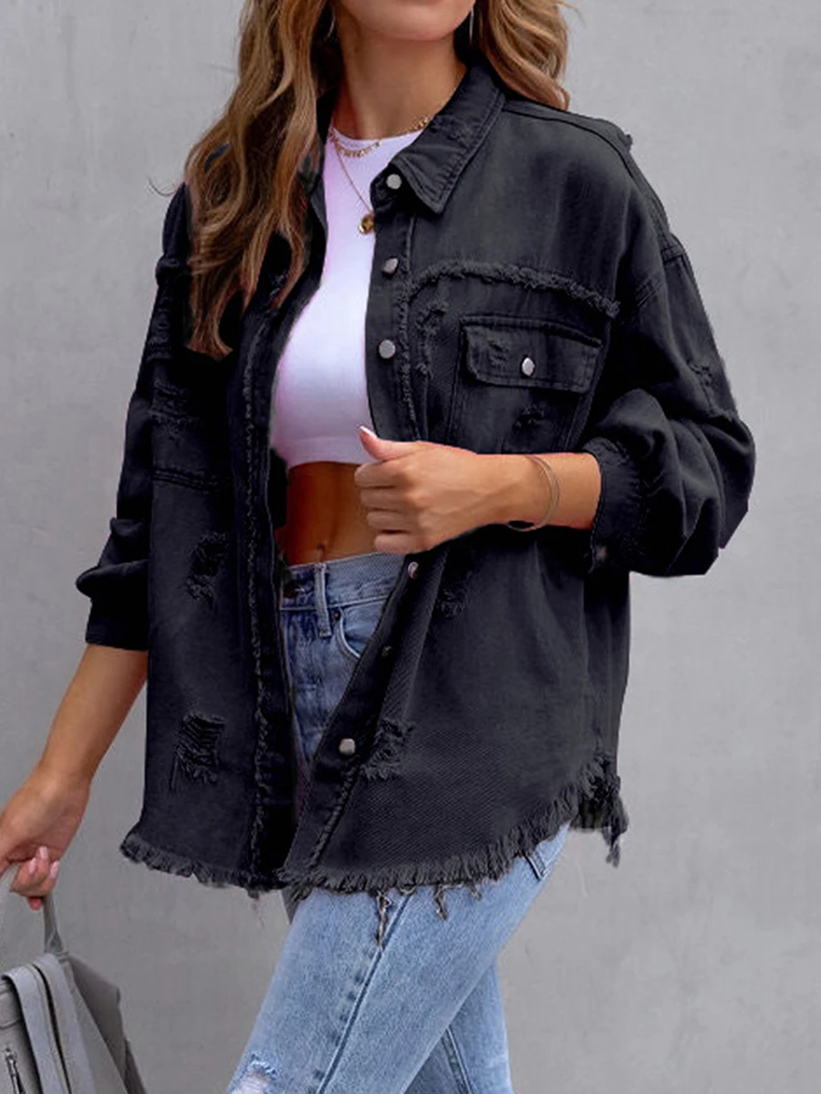 Women's Casual Denim Jacket Vintage Long Sleeve Button Down Boyfriend Loose Jean Jacket Coat Outwear Y2K Streetwear