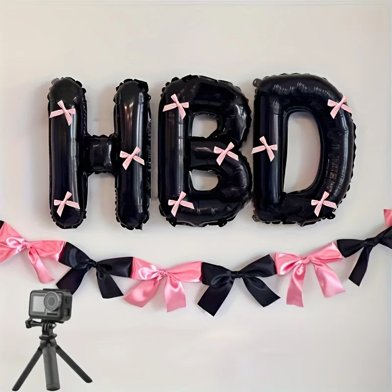16 Zoll schwarzes Buchstaben-Set „Happy Birthday“ mit rosa Schleife, Dekoration für Festivals, Partys, Überraschungsgeschenke, Foto-Requisiten