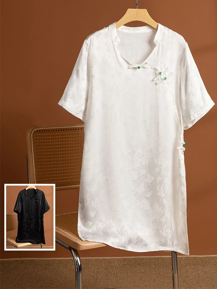 Qipao Retro chino con botones laterales para mujer, Qipao Dr de talla grande, longitud media, cuello levantado, adelgazante, verano Dr