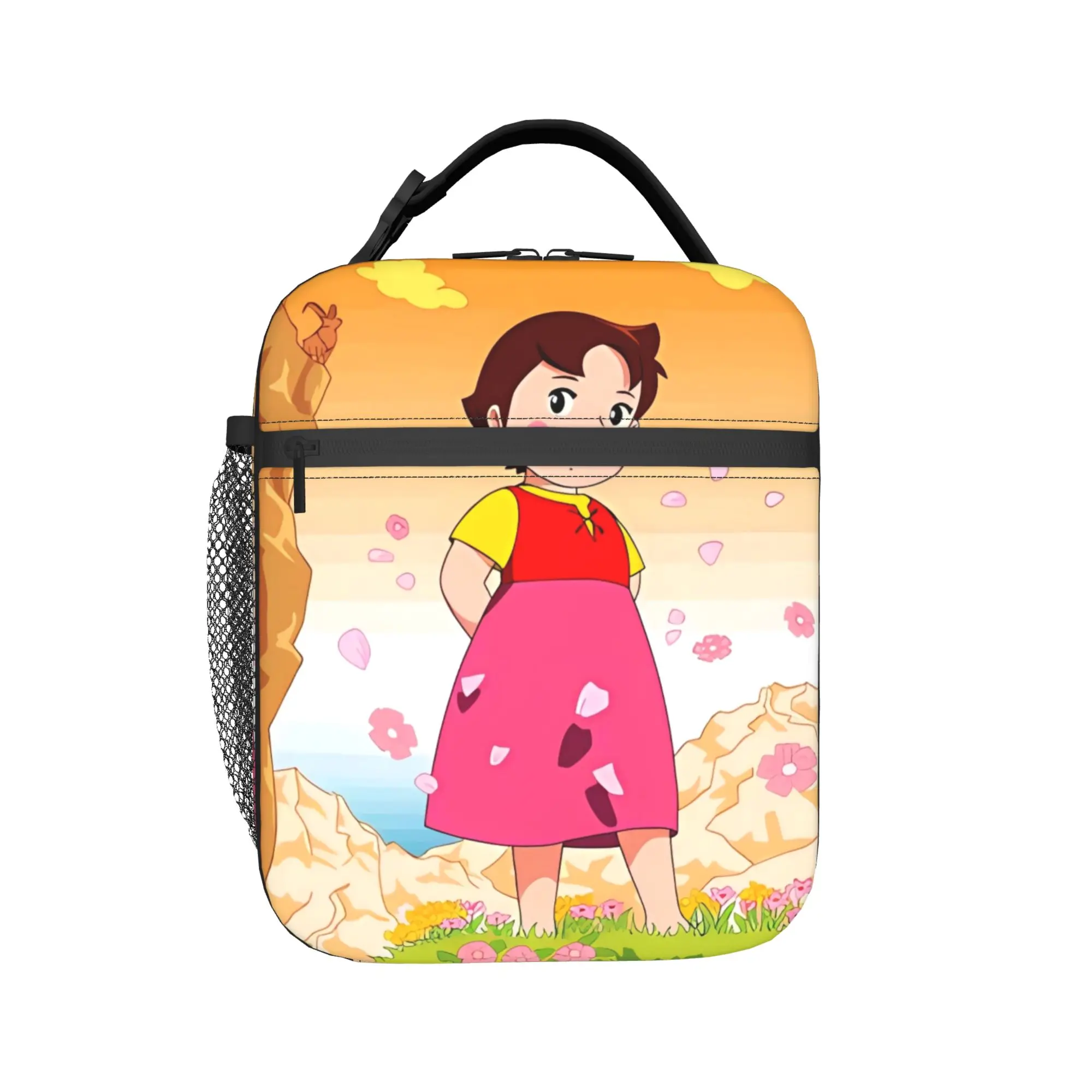 Custom Alps Mountain Girl Happy Heidi Lunch Bag Cute School Lunch Box Print Convenient Thermal Tote Handbags