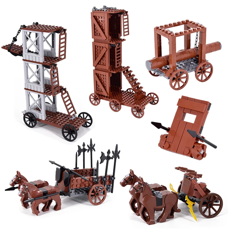 MOC Castillo Medieval creativo, Caballero del Rey Real, Roma, Spartacus, carro, asedio, modelo de motor, bloques de construcción, juguetes, regalos