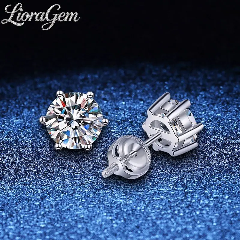 LioraGem Stylish Threaded Unisex Stud Earrings, Classic Six-Prong D-Color Moissanite Ear Studs Platinum PT950 Stamp
