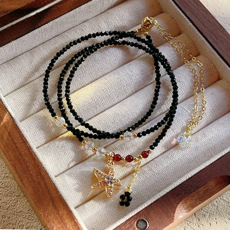Pixiu Chinese Style 14k Bag Gold Black Pointed Gold Black Tourmaline Beads Cut Face Three Circles Bracelet Hand String New Lucky