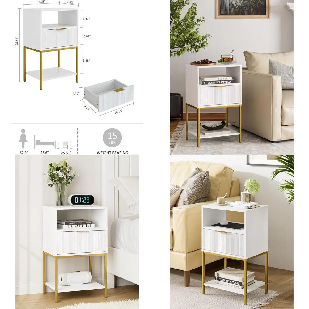 

3-Tier White Striped End Table with Gold Edges for Bedroom and Living Room Storage