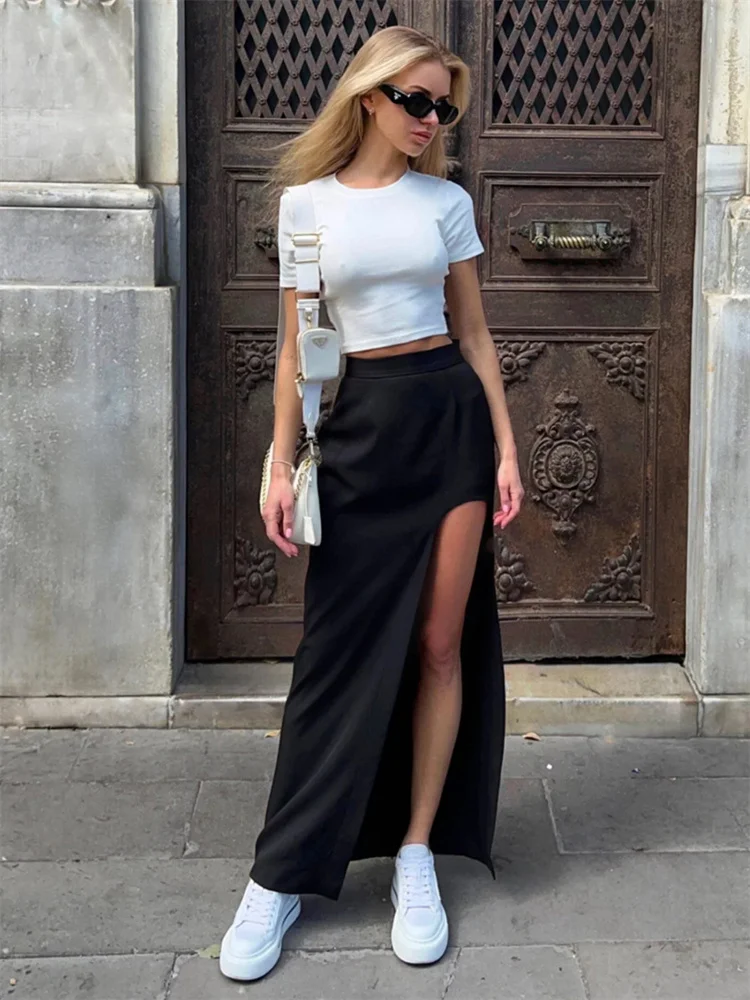 Black High Waist Long Skirt for Women Summer Fashion Side Split Patchwork Streetwear Y2k Sexy Maxi Skirt for Ladies 2025