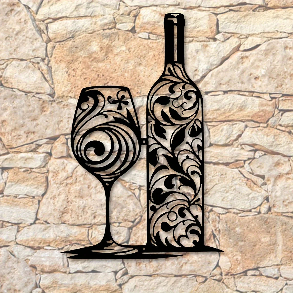 A Stylish Metal Wall Art Featuring a Wine Bottle And Glass with a Black Swirl Design - an Excellent Addition to for Home Bars