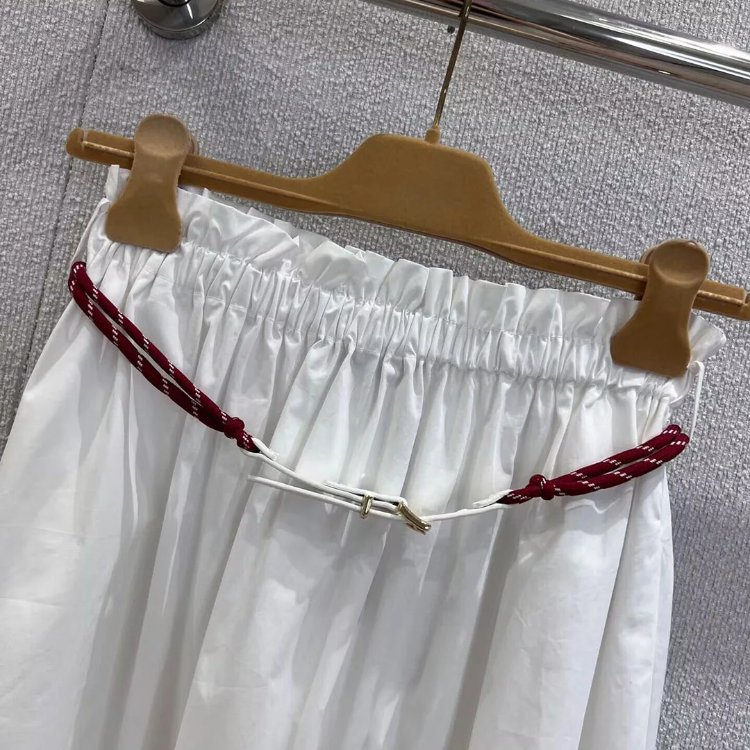 

French Elegant Lady 100% White Cotton Long Skirts Womens Elastic High Waist With Belt A-line Loose Sweet Girl Maxi Skirt