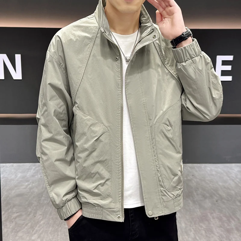 

Повседневные куртки с воротником-стойкой, мужские весенне-осенние однотонные пальто-карго, молодежная спортивная одежда на открытом воздухе, ветрозащитные топы на молнии, одежда