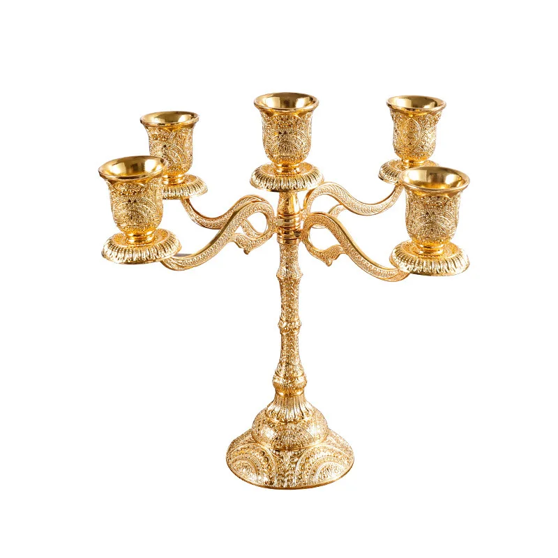 European 5-Arm Candle Holder Peacock Pattern Light Luxury Retro Gold Plated Metal Candlestick Tabletop Ornament forHome Decor