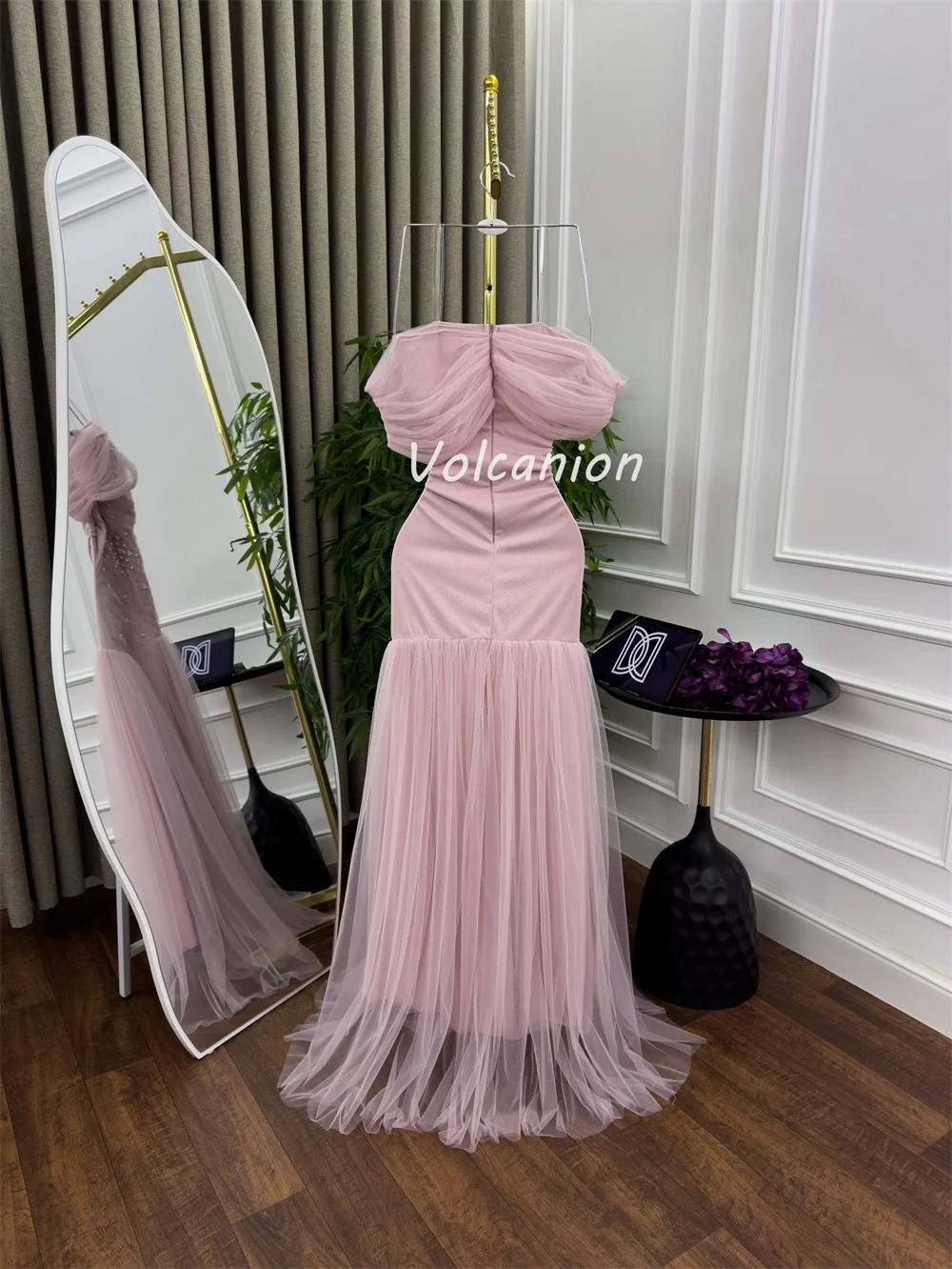 Customized Modern Style Intricate Tulle Pearl Rhinestone Ruched Straight Off-the-shoulder Long Dresses Bespoke Occasion Dresses