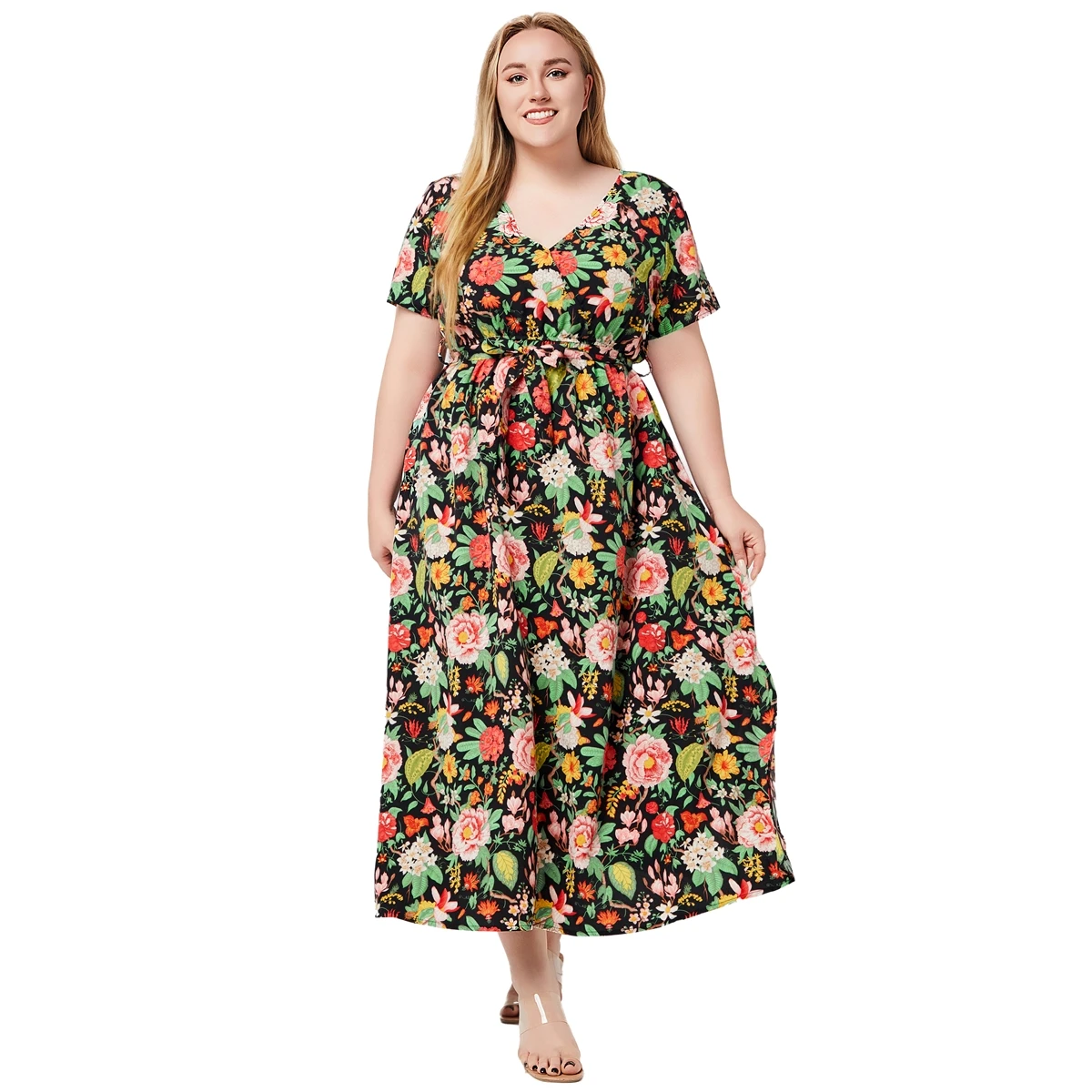 Plus Size lato New Arrival dekolt z krótkim rękawem kwiatowy nadruk sukienki w stylu boho dla kobiet