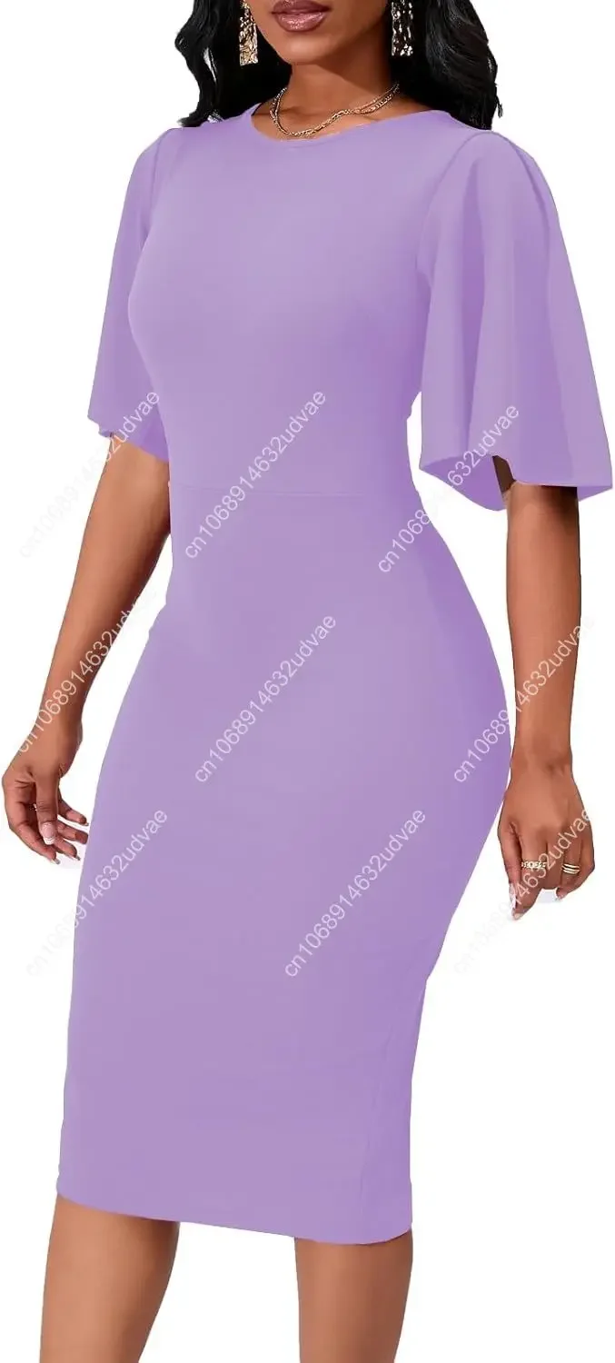 Damen, figurbetont, mit Rüschen, ausgestellt, kurze Kleider, Ärmel, Arbeit, Midikleid, Business, Büro, lässiges Bleistiftkleid