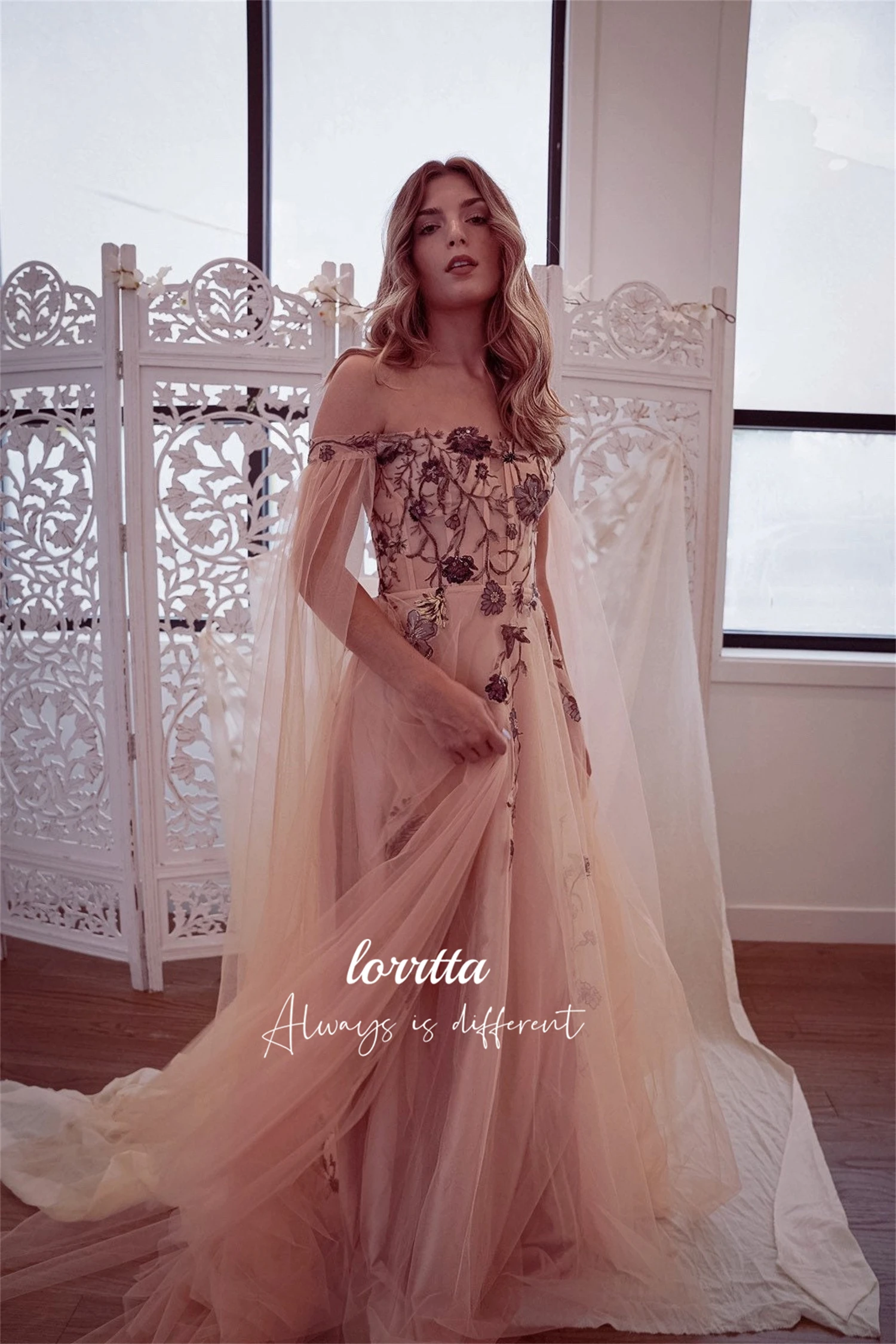 

Lorrtta Champagne Floral Fabric Wedding Dress Mesh Evening Gown Dresses Gala Robe Soiree De Luxe 2024 Ball Gowns