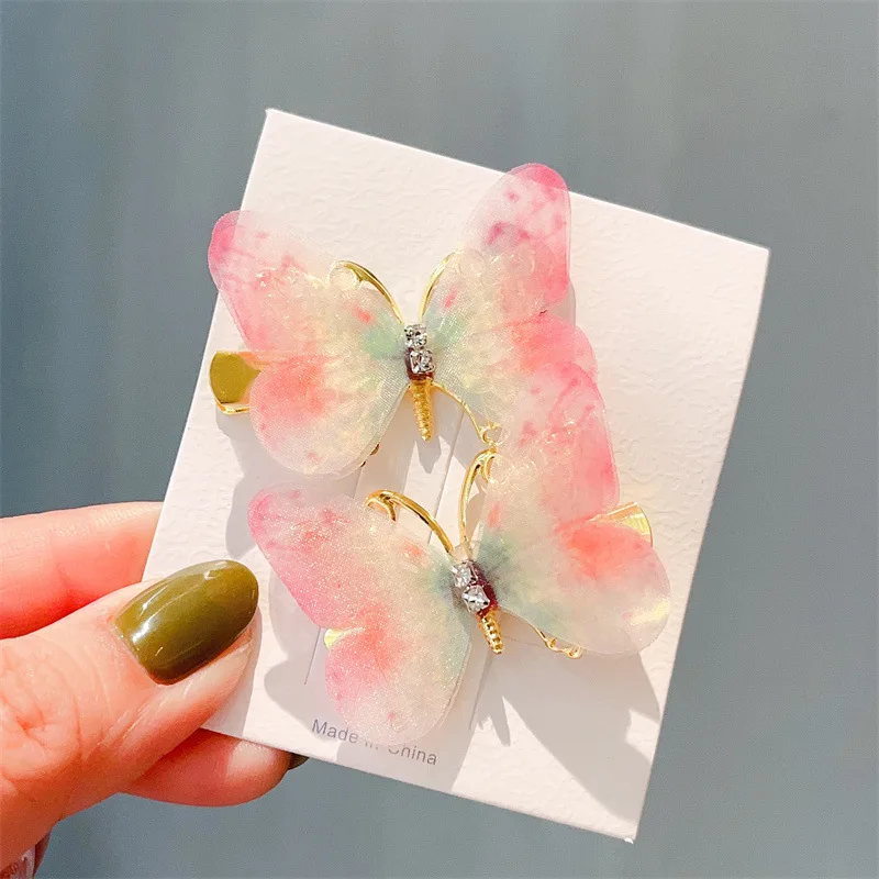 Заколка для волос в виде бабочки женская, модный двухслойный стереоскопический тюлевый зажим, милые свадебные шпильки, карамельные цвета, 2 шт.