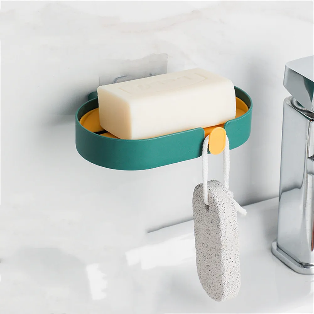 Wall Mounted Soap and Sponge Holder, Storage Rack, Paste Type, No Trace, Kitchen, Bathroom Supplies, Removable Drain Rack with Hook