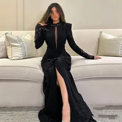 Fashion Black Prom Dress Crew Neck Long Sleeve Front Slit Beading Crystals Sweep Train Saudi Arabic Evening Dresses RobeSY-006