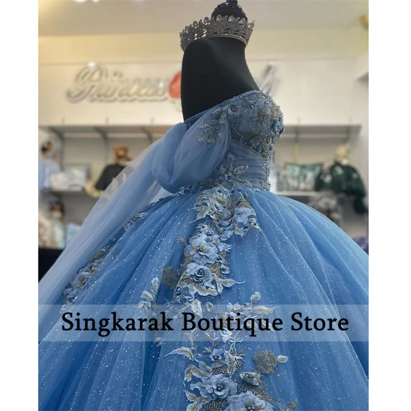 Sky Blue Stunning Princess Sweet 16 Quinceanera Dresses Flower Applique Pearls Crystals Ball Gown Vestido De 15 Anos  Customized