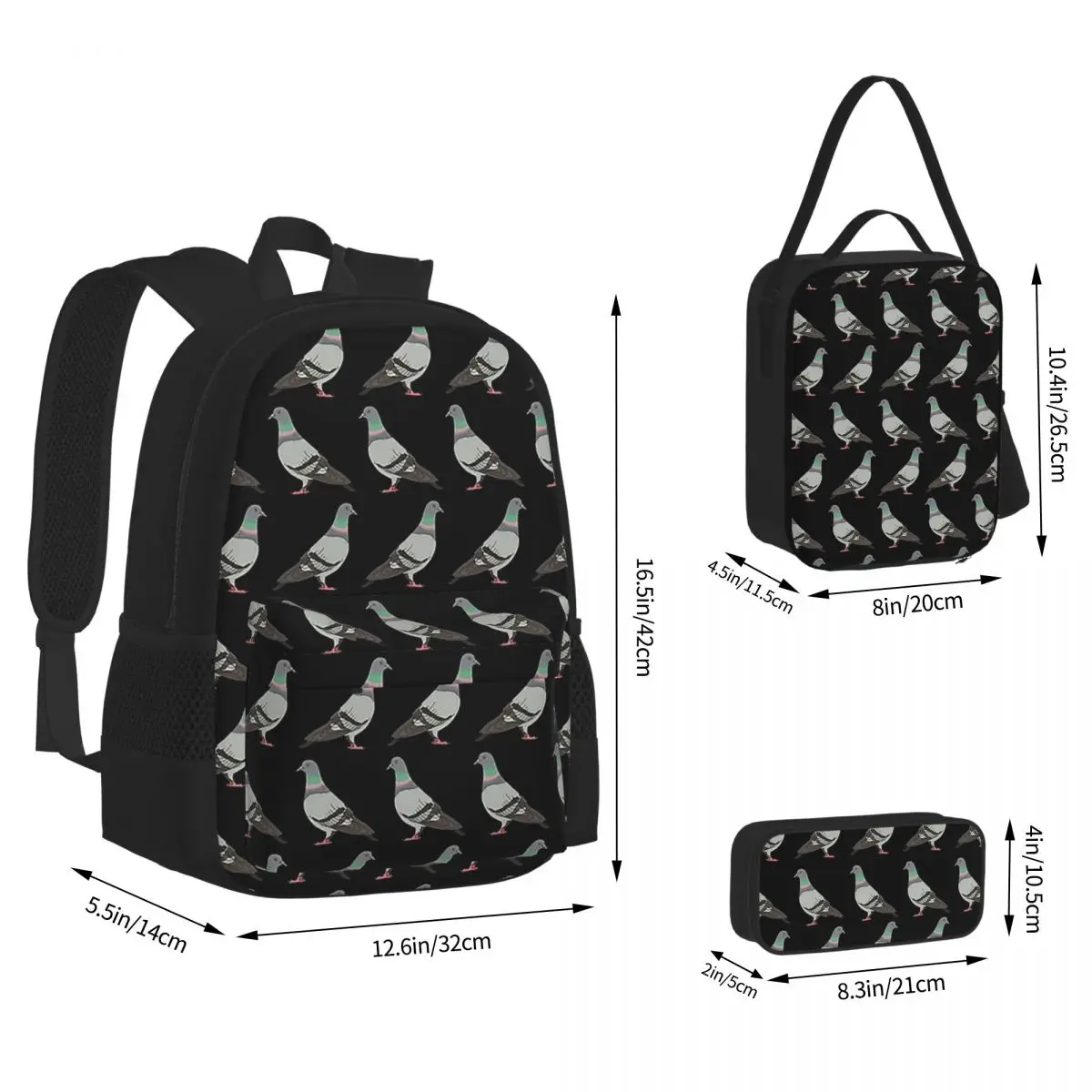 Pigeon Walk  Black Background Backpacks Boys Girls Bookbag Students School Bags Kids Rucksack Lunch Bag Pen Bag Three-Piece Set