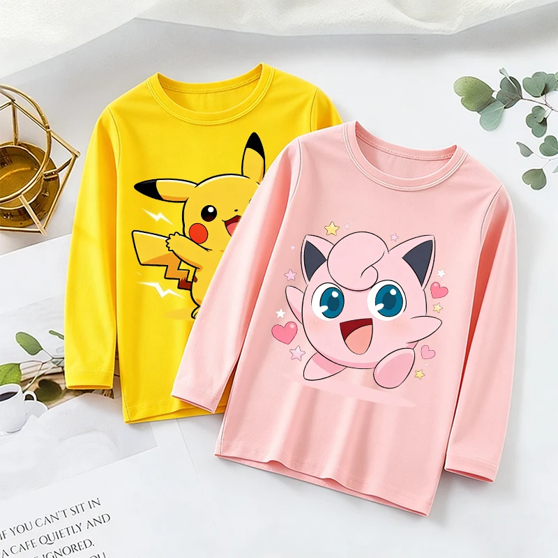 

Pokemons Spring Streetwear Long Sleeved Tees Game Boy Girl Cute Anime Printing Kids Thin Pullover Tshirt Clothes Children's Tops