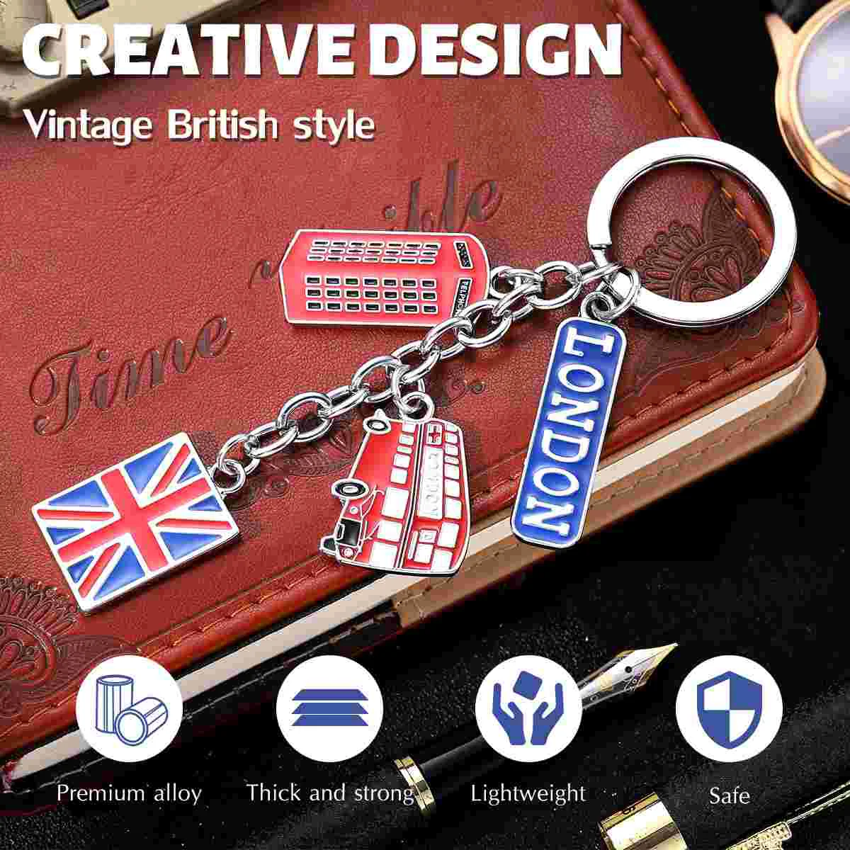 Llavero con la bandera británica estilo vintage, llavero metálico con la bandera del Reino Unido, recuerdo de viaje, llavero con diseño de autobús de Londres, llavero conmemorativo de coche, aleación de zinc