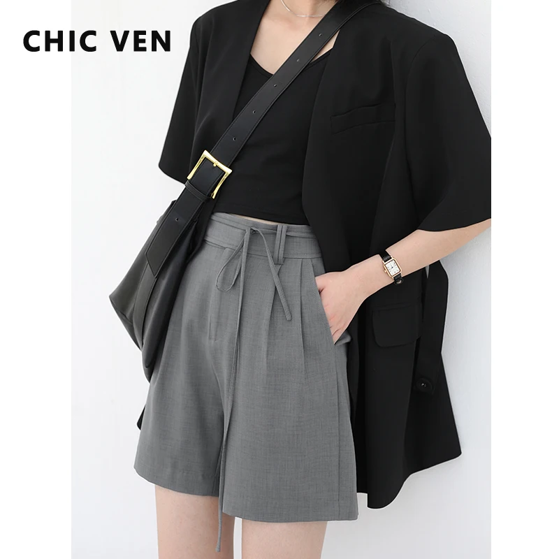 CHIC VEN Women Shorts Solid Casual A-line High Waist Lace Up Crimped Wide Leg Lady Suit Shorts Female Spring Summer 2022