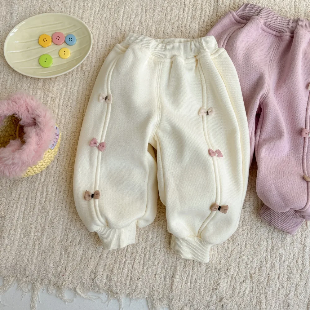 2024 Korean Winter Baby Girls Pants Cotton Plus Velvet Knotbow Loose Versatile Infant Girls Pants Toddler Girls Trousers