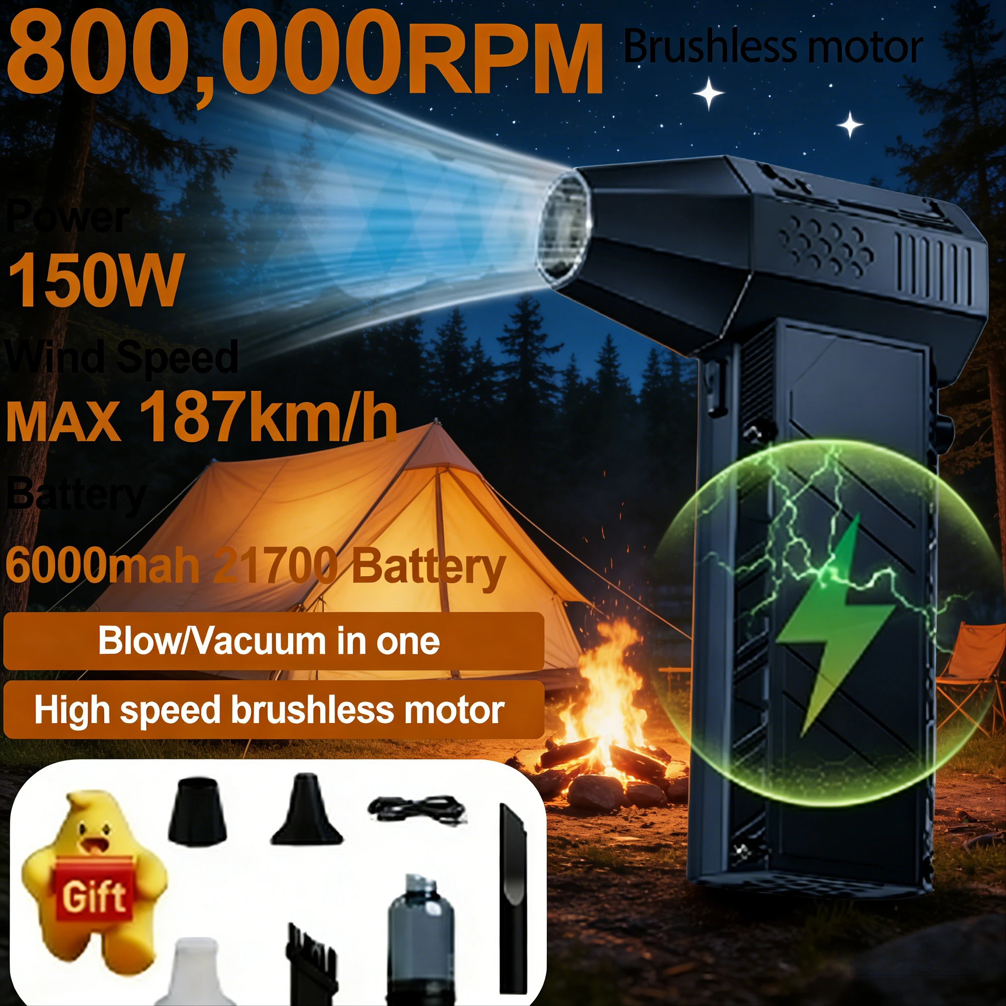 

⚡ X60 Snowy Hurricane Camping Fan | 800000RPM 150W 53m/s 6000mAh Type-C Rechargeable