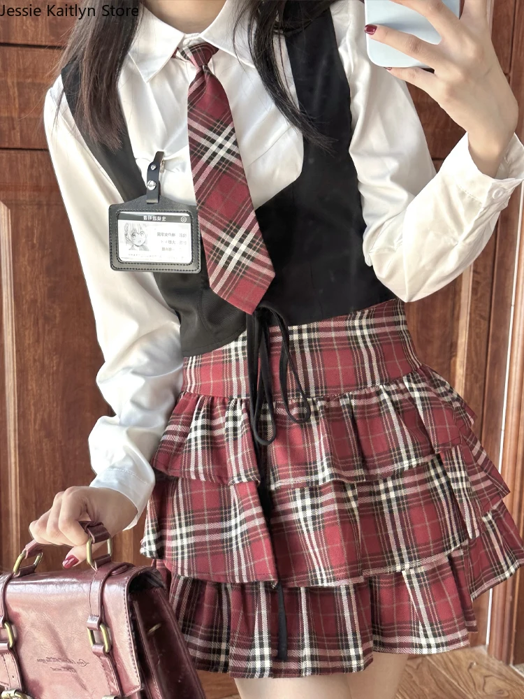 Japanese Kawaii School Uniform Women Autumn Korean Cute College Girl Cosplay JK Uniform Long Sleeve Shirt and Plaid Skirt Set