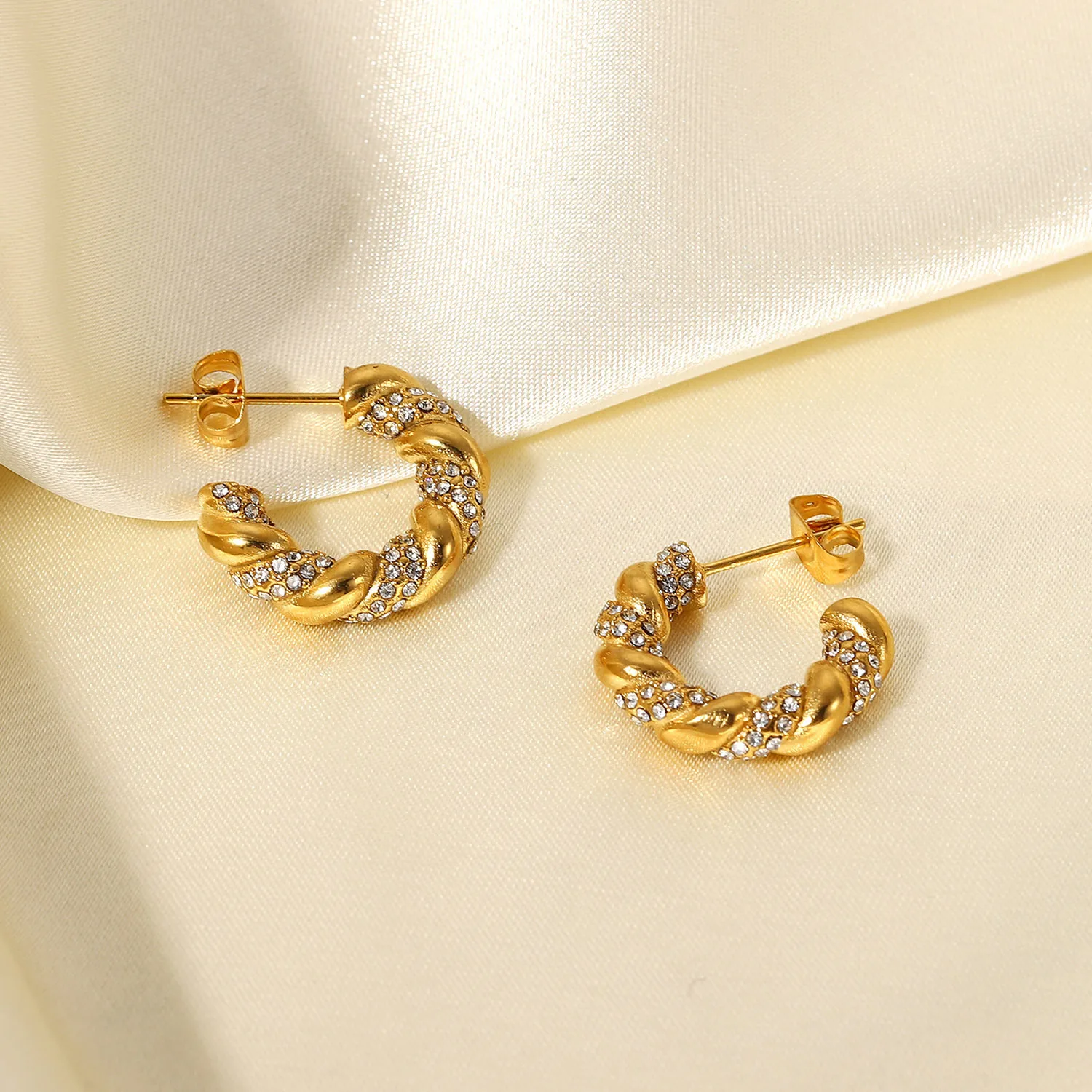 18K Real Gold Plated Twisted Hoop Earrings, S925 Post Anti-Allergy, Pave Zircon Dainty Stud Minimalist Jewelry.