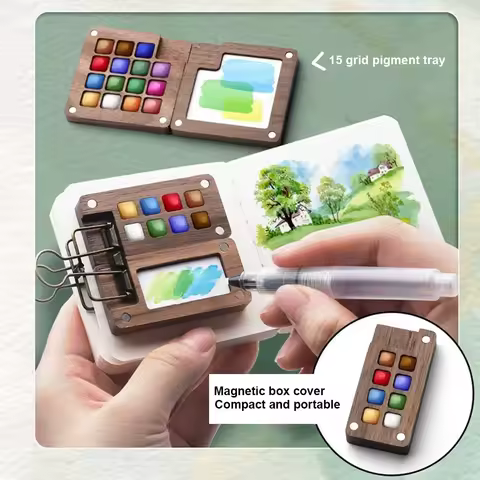 New Mini Watercolor Paint Set Portable Pocket Artist Travel Art Painting Kit with Clip Wooden 8/15 Grid Box Miniature Color Set