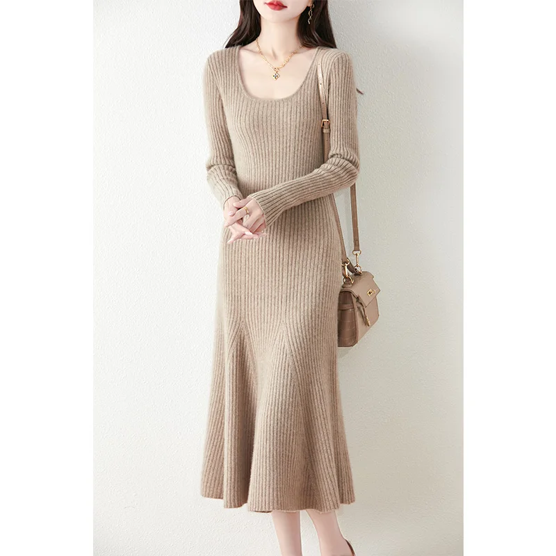 

Ladies Dresses 100% Australian Wool Knitting Oneck Winter Soft Warm Dresses 6Colors Full Sleeve Free Ship