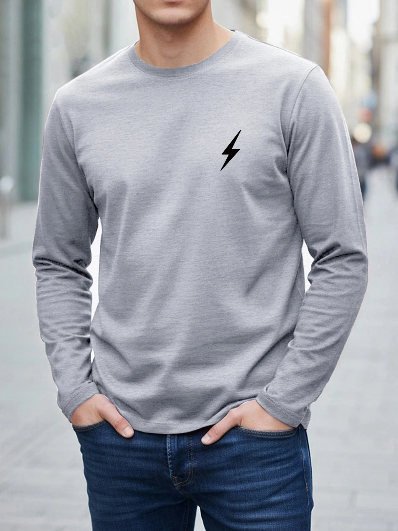 Men's Spring Fall Long-Sleeve Casual Loose-Fit Lightning Print Crew Neck Top Sports Vacation T-Shirt Simple Long-Sleeve