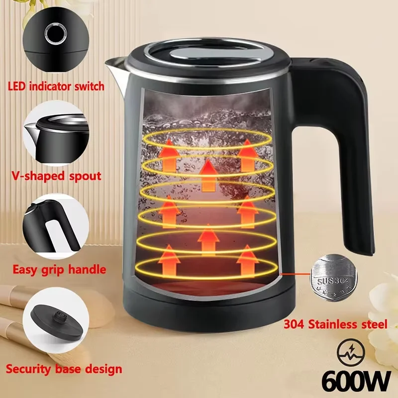 غلاية كهربائية للسفر 500 مل غلاية مياه محمولة من الفولاذ المقاوم للصدأ للشاي والقهوة والفندق والتخييم العائلي والمطبخ غلاية ذكية