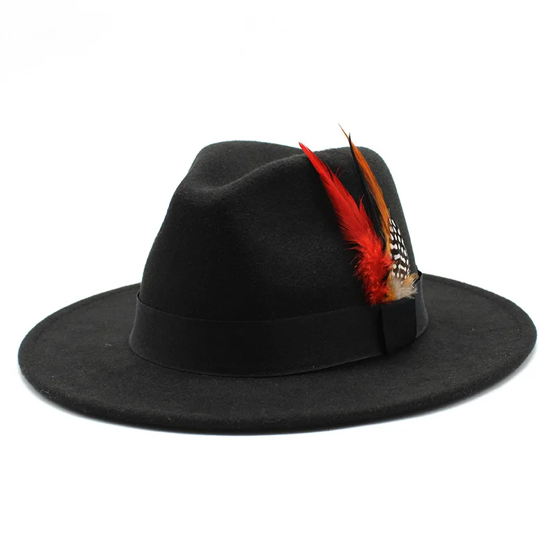 New Colour-Block Gradient Feather Jazz Hat Wool Bowler Hat for Men and Women Outdoor Sun Hat