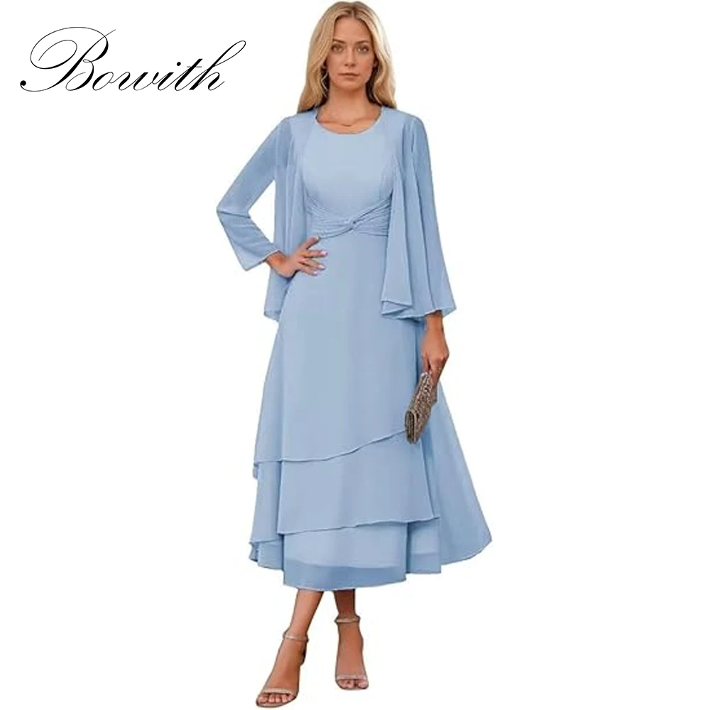 

Bowith Chiffon Women Summer Dresses Mother of The Bride Dress with Jacket Tiered Tea Length V Neck Formal Prom Dress Customized
