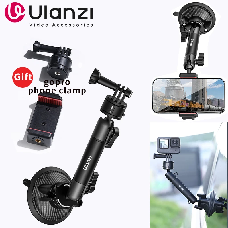 Ulanzi ZJ01 Car Suction Cup Mount 360° Rotation With Phone Clamp Go Pro Adapter Windshield Camera Bracket For GoPro Camera Phone