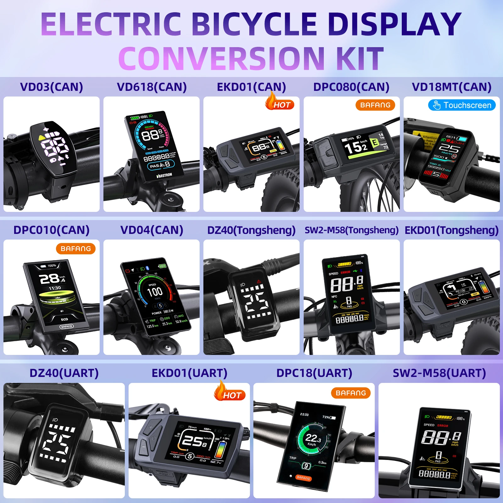 Ordinateur Bluetooth pour vélo électrique Varstrom Display, système UART CAN, instrument pour vélo électrique compatible avec les protocoles de moteur BAFANG et Tongsheng, port 5 broches