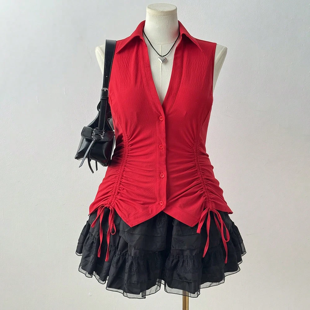 PLUS ขนาด 2025 ฤดูร้อนใหม่ผู้หญิงขนาดใหญ่เทศกาลดนตรี Tie Bow Slim Slim เสื้อแขนกุดวัสดุโพลีเอสเตอร์