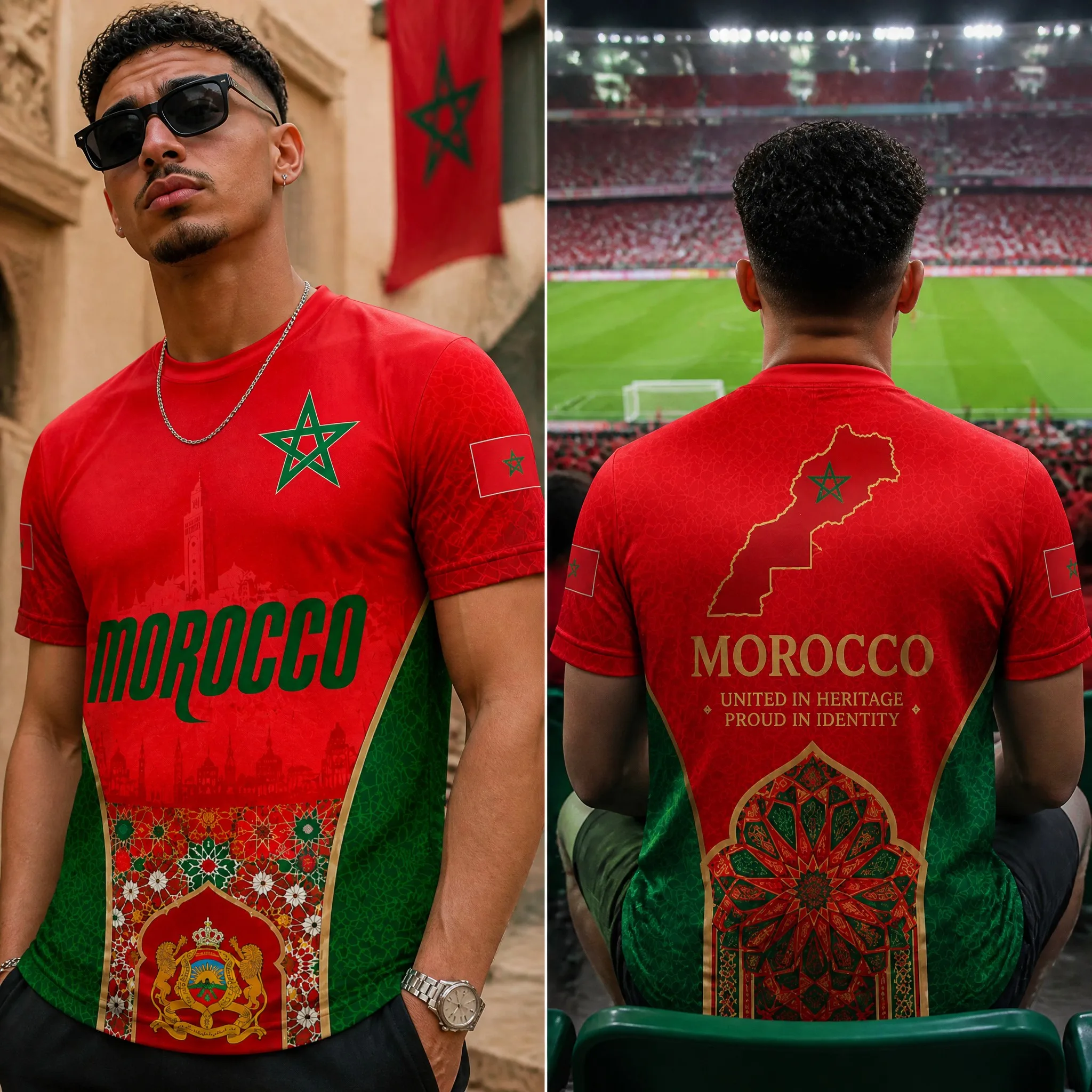 Morocco Mens Soccer Graphic T Shirt Red Green Mosaic Print Short Sleeve Casual Streetwear with Heritage Identity Design Back Tee