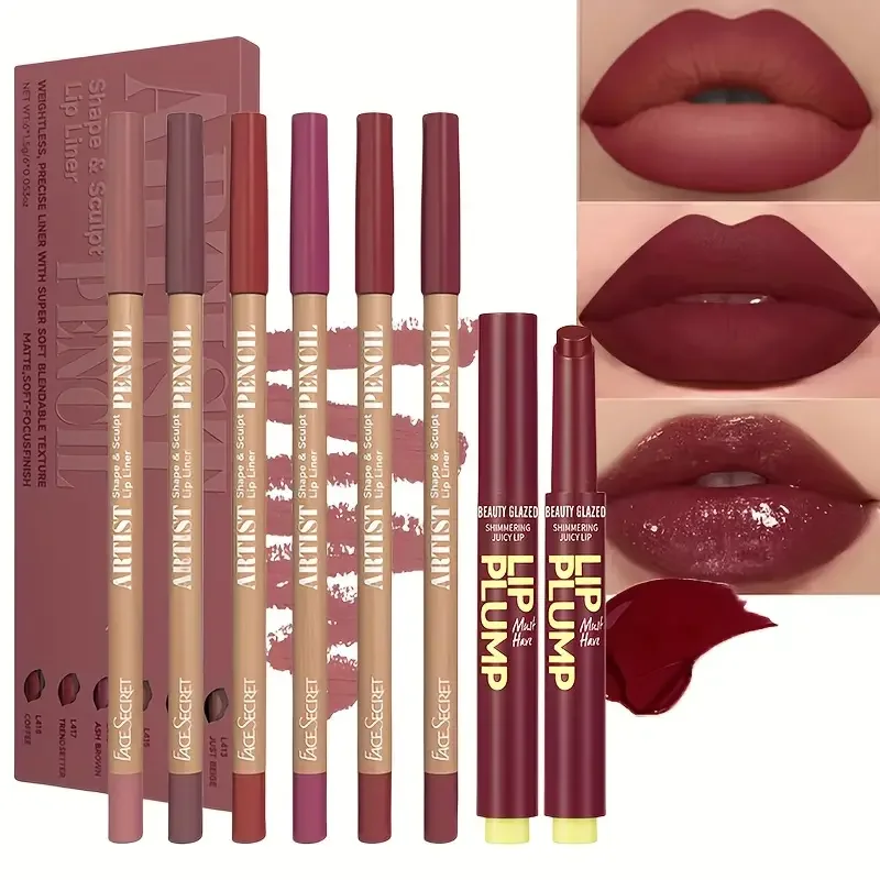 6pcs Dark Brown Lip Liner with 1pc Lip Oil Lipstick Set, Moisturizing Solid Lip Gloss Jelly Lipstick,Makeup Gift Set for Women