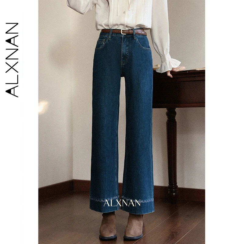 ALXNAN ヴィンテージブルージーンズストレートハイウエストワイドレッグコットンデニムジーンズ秋カジュアルオフィスレディだぶだぶパンツ女性 L57225