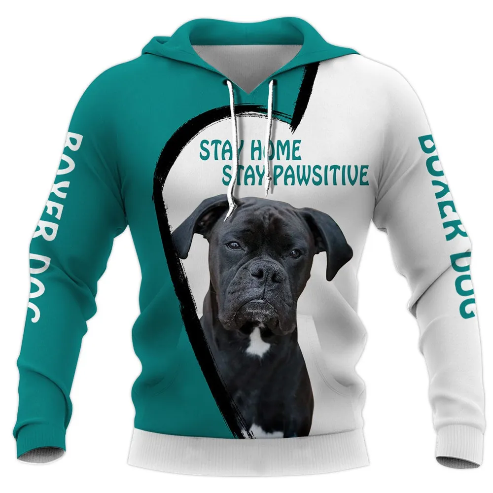 

HX Boxer Hoodie 3D Graphic Stay Pawsitive Animals Dogs Sweatshirt Fashion Pullover Tops Harajuku Streetwear Man Hoodies