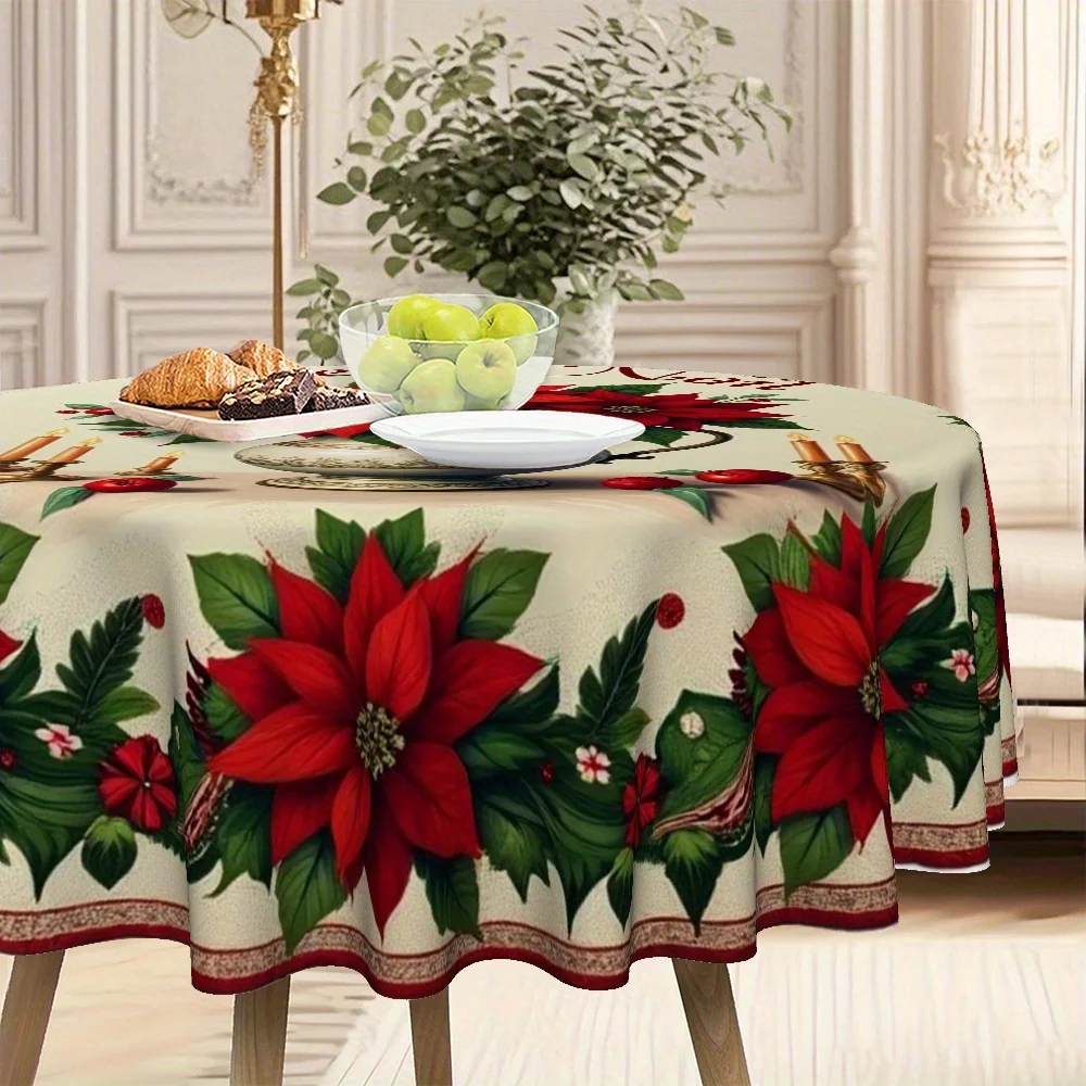 1 tablecloth, Christmas, Christmas flower theme round tablecloth, home decoration, table decoration