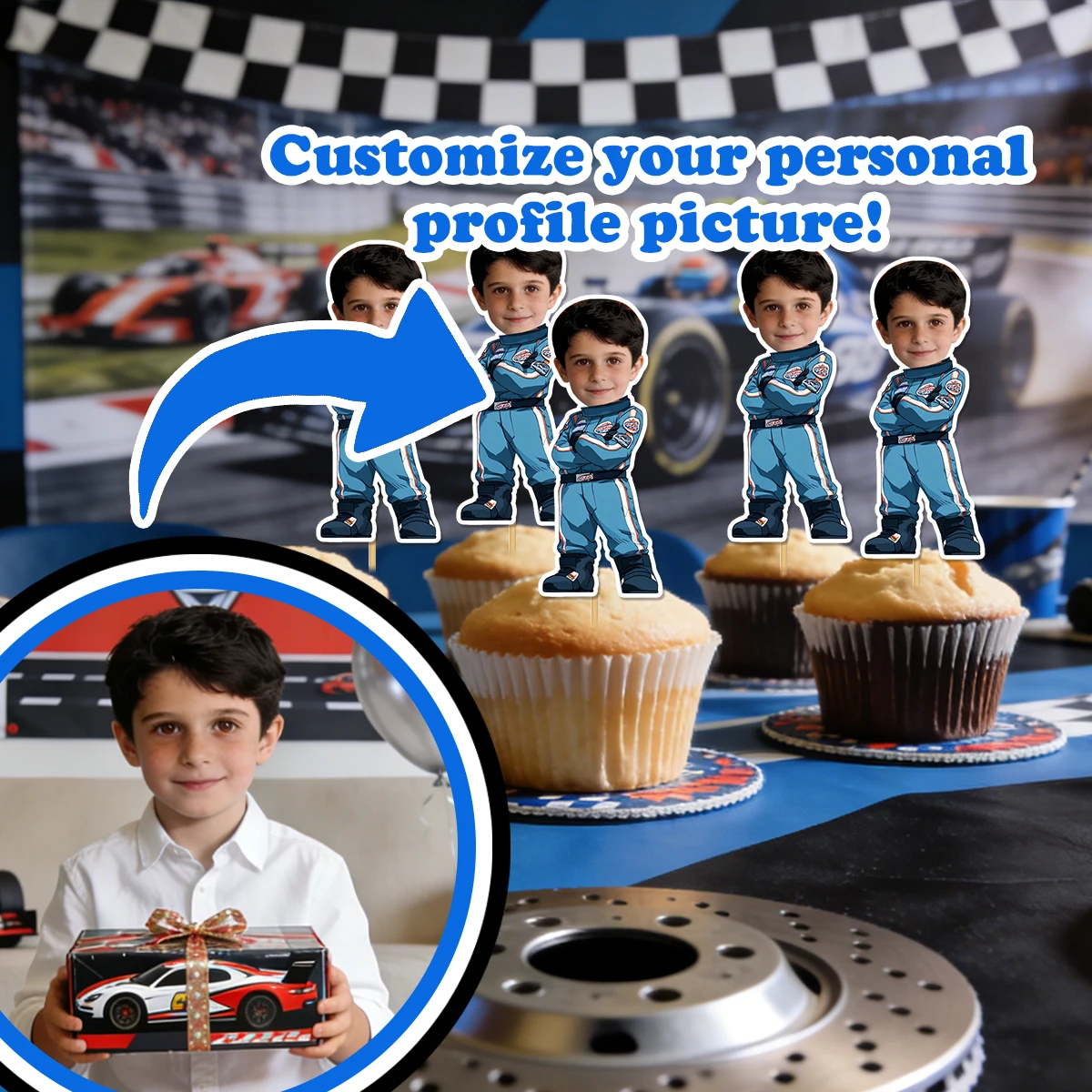Personalisierter Geburtstags-Rennwagen-Kuchenaufsatz mit individuellem Gesichtsfoto, Rennsport-Thema, Meilenstein-Geburtstagsfeier, Kuchendekoration – Detail 2