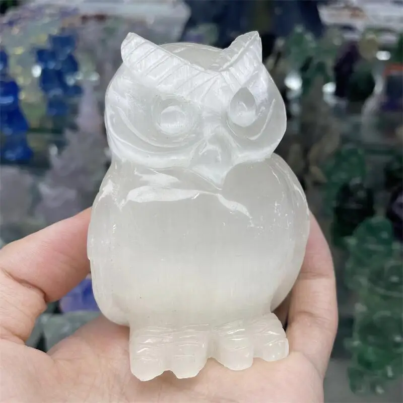 

Natural Crystal Selenite Stone Owl Rock Healing Crafts Lucky Items Feng Shui Collectible Figurine